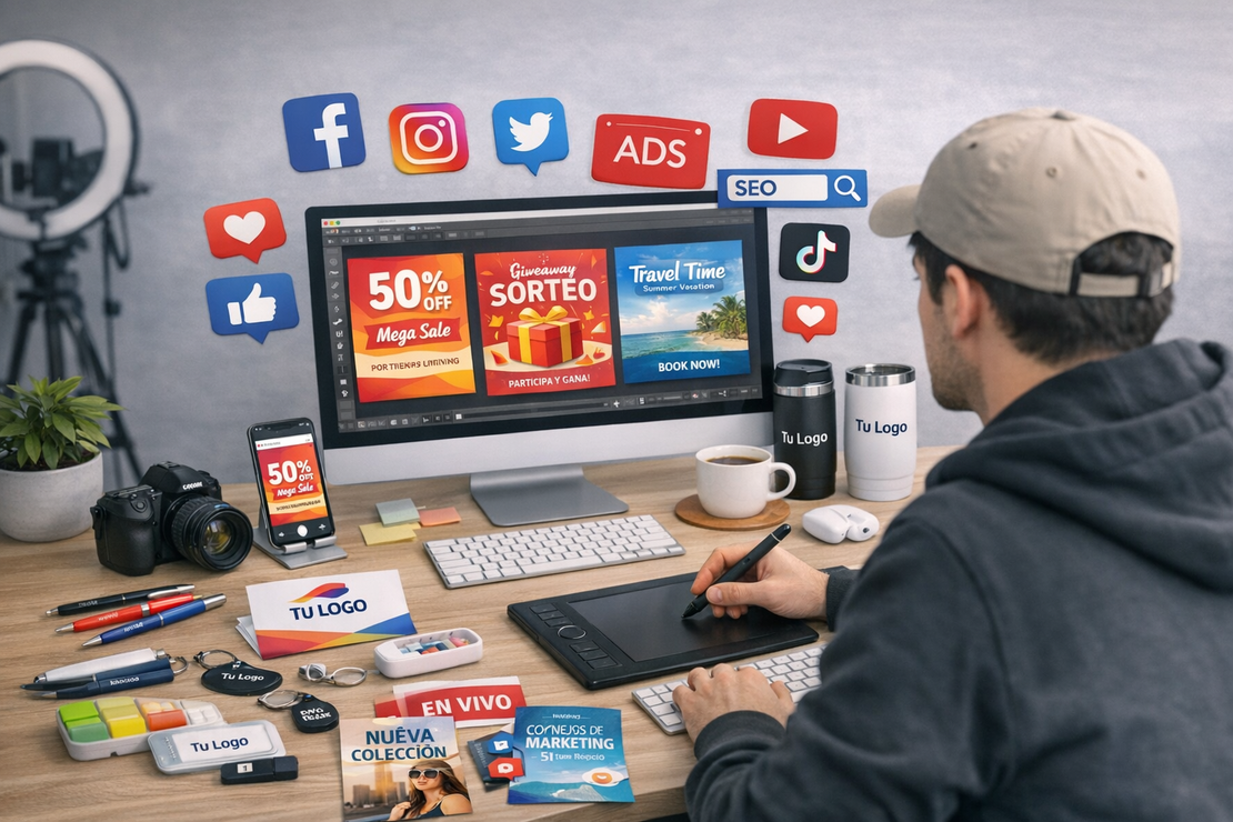 Diseños de publicaciones para redes sociales en una pantalla