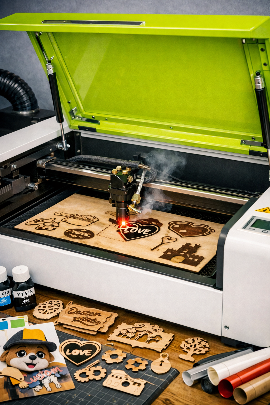 Máquina de corte láser trabajando sobre acrílico