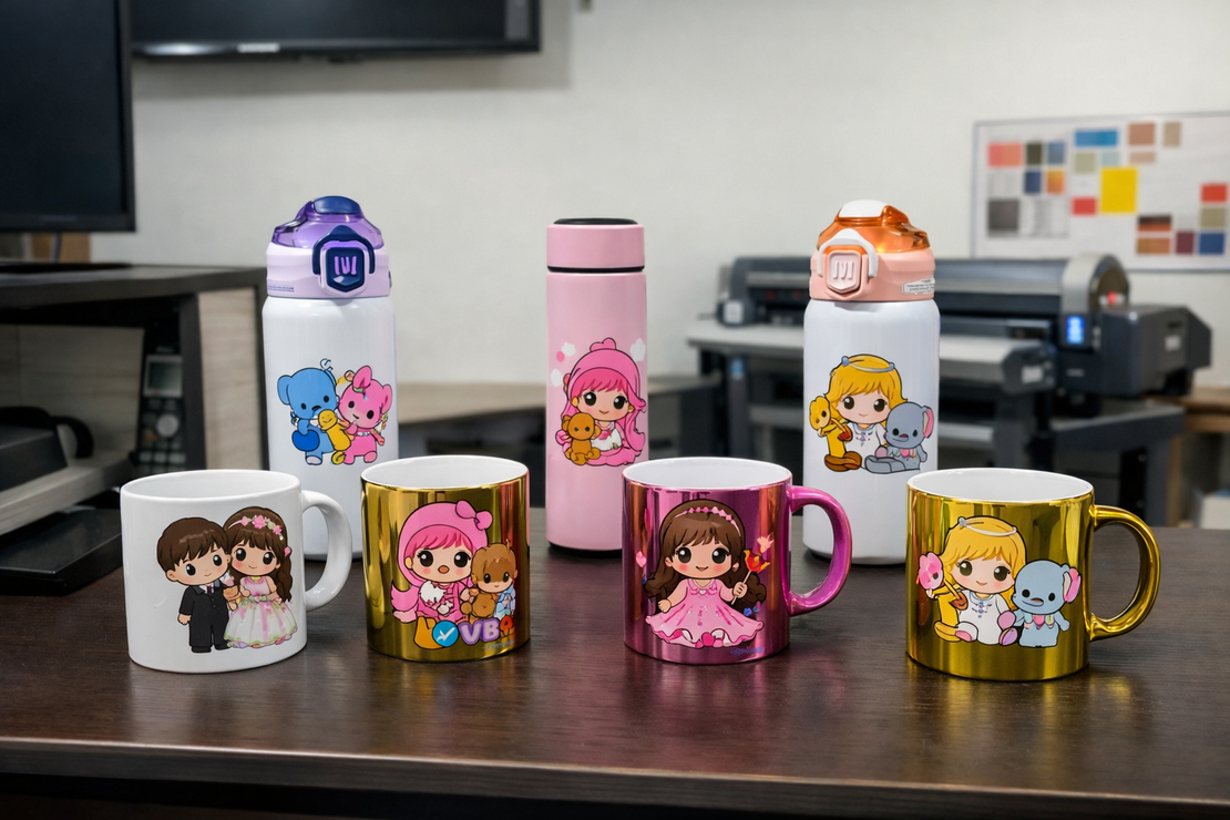 Mugs personalizados con impresión UV DTF sobre mesa