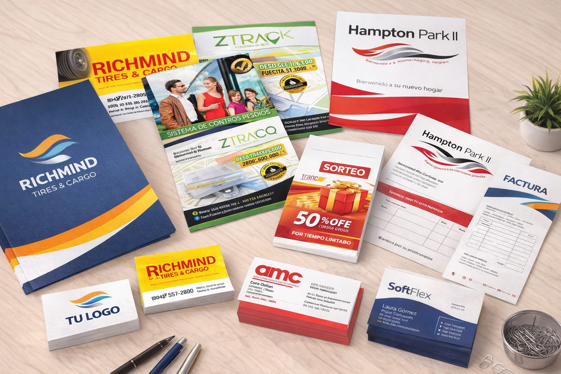 Tarjetas de presentación y volantes impresos sobre una mesa
