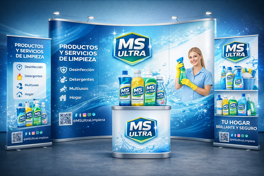 Pendón publicitario tipo roller instalado en un stand de feria